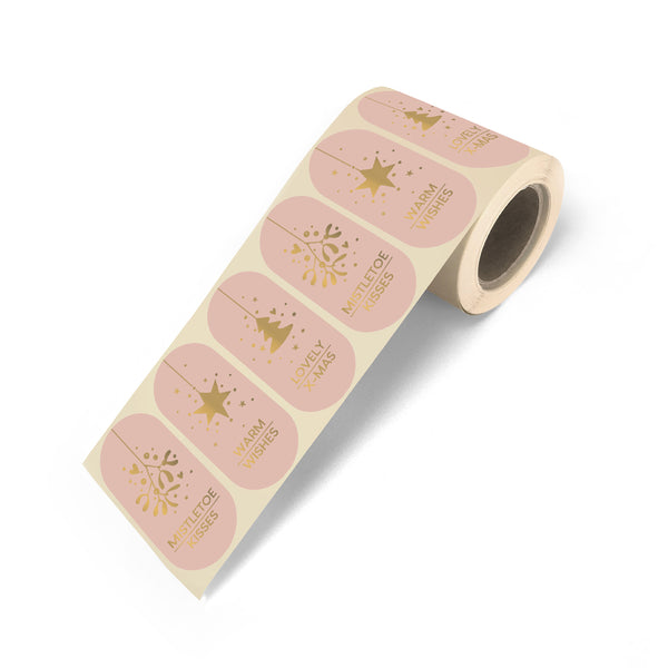 Goudfolie Stickers - Kerst Ovaal Roze 12 st