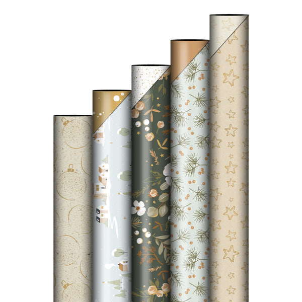 X-mas '24 - Voordeelset Green - 5 cadeaurollen 50 x 300 cm