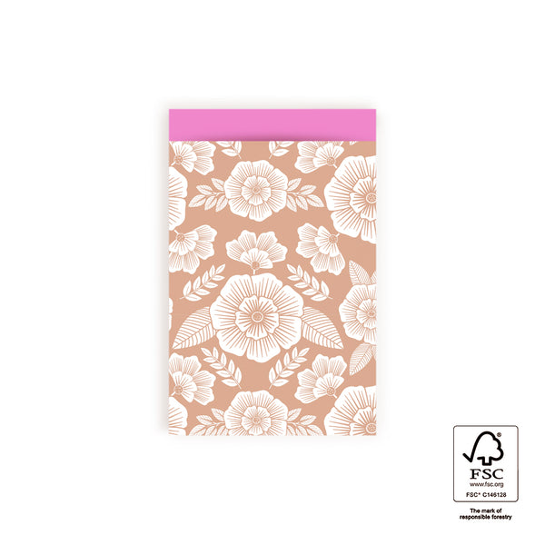Vlakke zak M - Flowers Taupe - Pink - 12 x 19 cm - 5 st