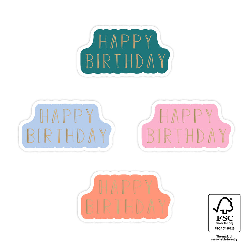 Goudfolie - Happy Birthday Groen/Roze/Oranje/Blauw Stickers 12 st