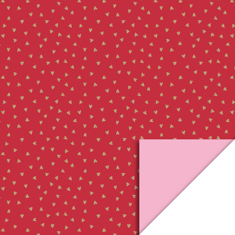 Small Hearts Cherry Red Gold Foil/Pink Cadeaupapier 70 x 300 cm